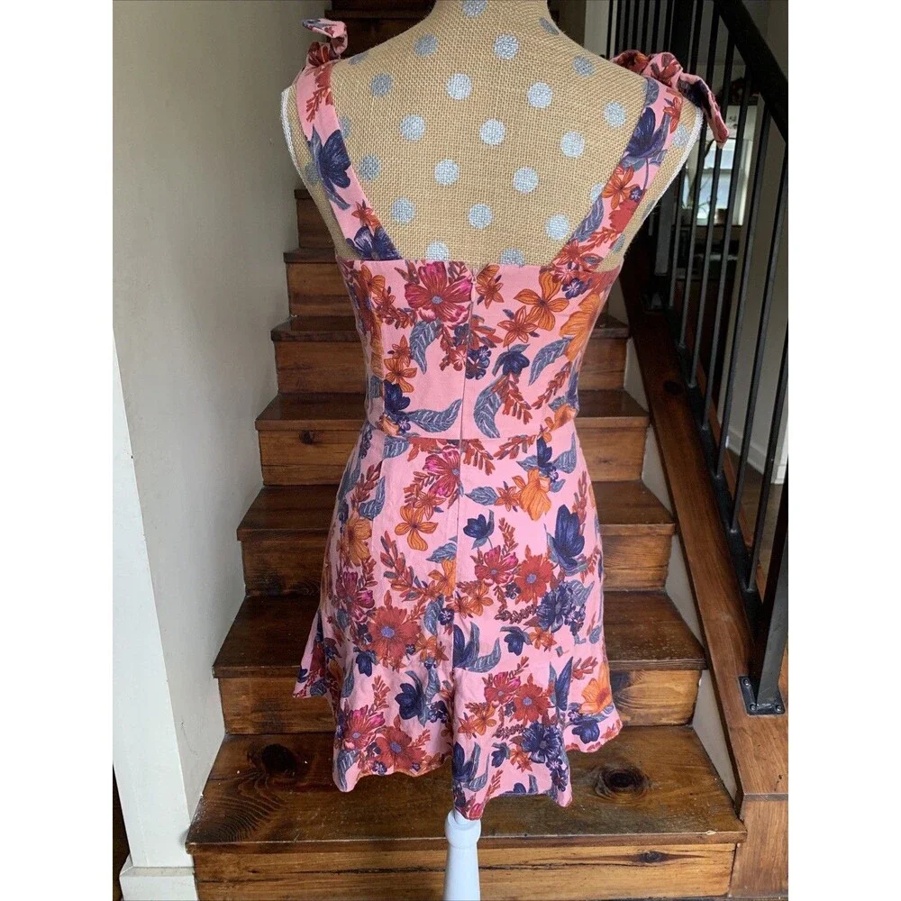 Finders Keepers Floral Twee Mini Dress Pink Linen Blend Square Neck Small Summer - Picture 9 of 16